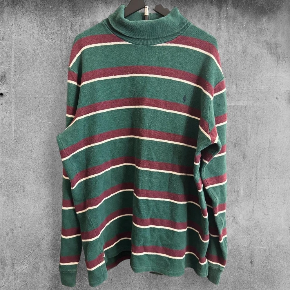 90's Polo Ralph Lauren made in USA  Green stripe cotton turtleneck sweater sz L